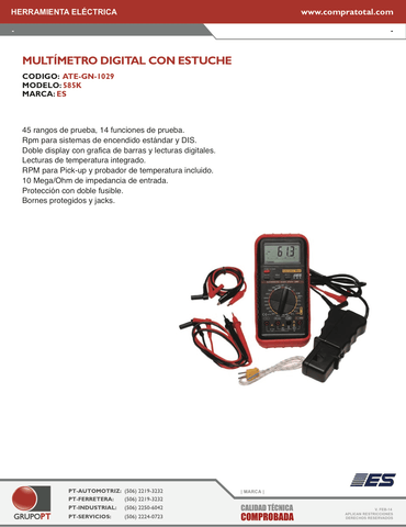 ES - ESI585K - ATE-GN-1029 - ELECTRICIDAD - MULTIMETROS Y TESTER - MULTIMETROS DIGITALES - MULTIMETRO AUTOMOTRIZ DIGITAL CON ESTUCHE