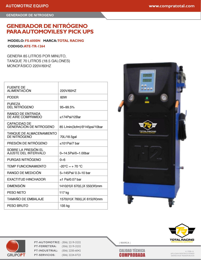 TOTAL RACING - FS-600N - ATE-TR-1264 - AUTOMOTRIZ EQUIPO - RECICLADOR DE AIRE ACONDICIONADO Y NITROGENO - GENERADOR DE NITROGENO - GENERADOR DE NITROGENO PARA AUTOS Y PICK UPS 85L/MIN 220 VOLTIOS