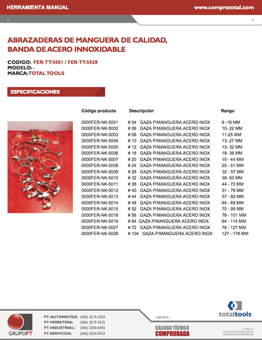 TOTAL TOOLS - #04 - FER-NK-5001 - AIRE COMPRIMIDO - ACCESORIOS AIRE COMPRIMIDO - GAZAS PARA MANGUERA - GAZA PARA MANGUERA DE ACERO INOXIDABLE TT - No. 04 RANGO 6 -16 MM - No. 04 RANGO 6 -16 MM