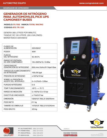 TOTAL RACING - FS-7000 - ATE-TR-1265 - AUTOMOTRIZ EQUIPO - RECICLADOR DE AIRE ACONDICIONADO Y NITROGENO - GENERADOR DE NITROGENO - GENERADOR DE NITROGENO PARA AUTOS-PICK UPS-CAMIONES Y BUSES 283L/MIN 220 VOLTIOS