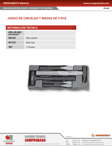 JONNESWAY - AG010026SP - HER-JW-0002 - HERRAMIENTA MANUAL - CENTROPUNTOS, CINCELES, CORTAFRIOS, BOTADORES - BOTADORES - JUEGO DE 5 PIEZAS DE CINCELES Y MAZOS