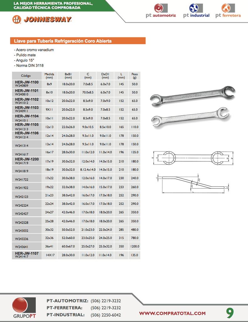 JONNESWAY - W240809 - HER-JW-1100 - HERRAMIENTA MANUAL - LLAVES - LLAVES TUBERIA REFRIGERACION - LLAVE ABIERTA PARA TUBERIA - 8X9 MM - 8X9 MM