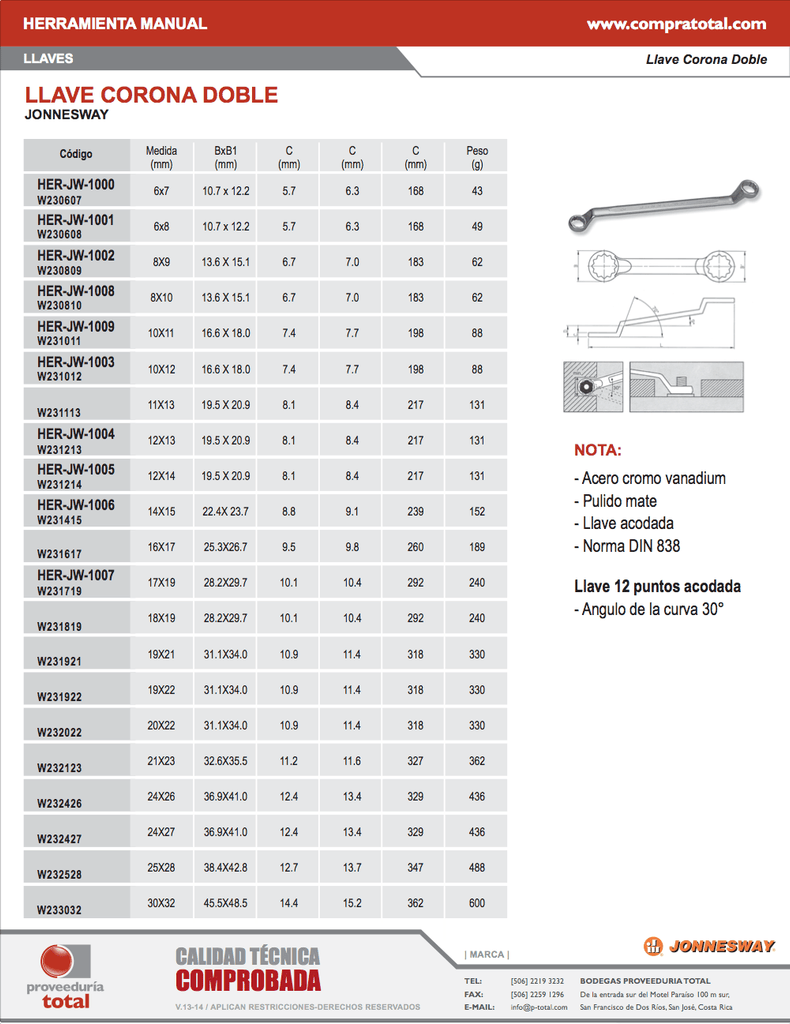 JONNESWAY - W230607 - HER-JW-1000 - HERRAMIENTA MANUAL - LLAVES - LLAVES CORONA DOBLE - LLAVE CORONA DOBLE CROMO-VANADIO - 6 MM X 7 MM - 6 MM X 7 MM