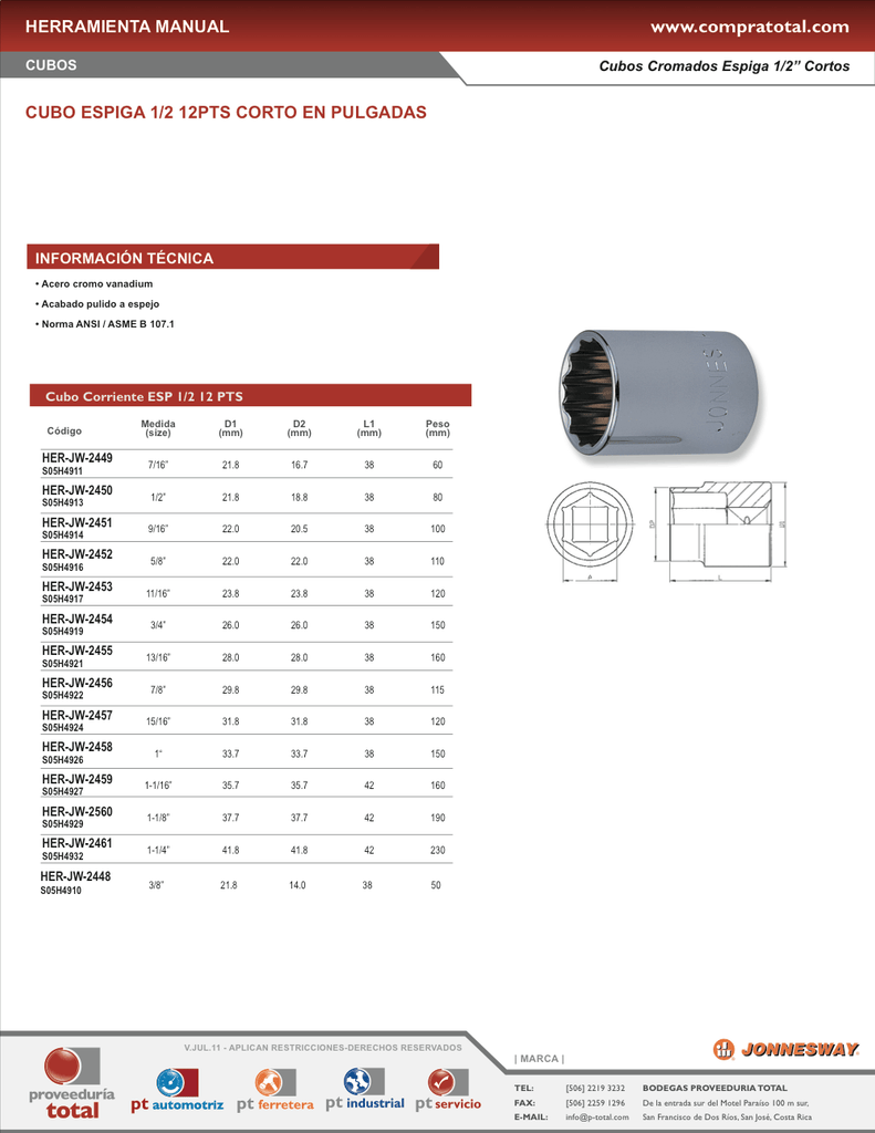 JONNESWAY - S05H4910 - HER-JW-2448 - HERRAMIENTA MANUAL - CUBOS Y ACCESORIOS - CUBOS CROMADOS ESPIGA 1/2 PULGADA CORTOS - CUBO CORTO CROMO-VANADIO ESPIGA 1/2" 12 PUNTOS - 3/8" X 38 MM - 3/8" X 38 MM