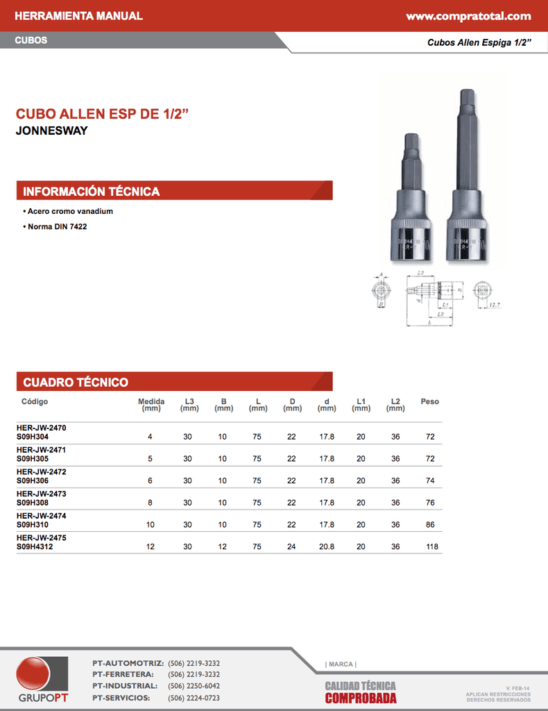 JONNESWAY - S09H4304 - HER-JW-2470 - HERRAMIENTA MANUAL - CUBOS Y ACCESORIOS - CUBOS CON PUNTA ALLEN - CUBO ALLEN LARGO ESPIGA 1/2" - 4 MM - 4 MM