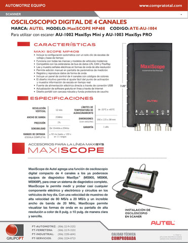 AUTEL - MAXISCOPE MP408 - ATE-AU-1004 - AUTOMOTRIZ EQUIPO - DIAGNOSTICO AUTOMOTRIZ - OSCILOSCOPIOS - OSCILOSCOPIO AUTOMOTRIZ