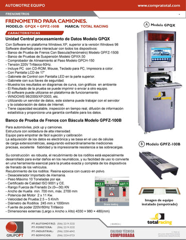 TOTAL RACING - GPFZ-100B - ATE-TR-1710 - AUTOMOTRIZ EQUIPO - REVISION TECNICA - EQUIPOS DE REVISION TECNICA - FRENOMETRO PARA CAMIONES Y AUTOS 10 TONELADAS TRIFASICO