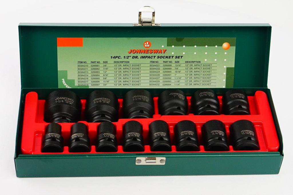 JONNESWAY - S03A4414S - HER-JW-2971 - HERRAMIENTA MANUAL - CUBOS Y ACCESORIOS - JUEGOS DE CUBOS Y ACCESORIOS - JUEGO DE CUBOS IMPACTO ESPIGA 1/2" 6 PUNTOS 3/8"-1.1/4" 14 PIEZAS